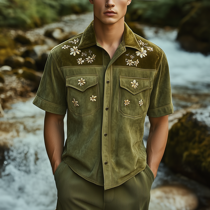 Men's Summer Floral Embroidery Colorblock Suede Short Sleeve Shirt MTA0707F3U