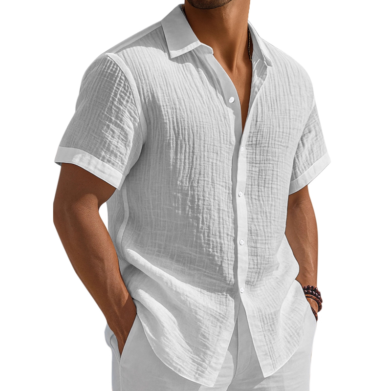 Men's Washed Cotton Solid Color Casual Short Sleeve Shirt MTA2815G2X