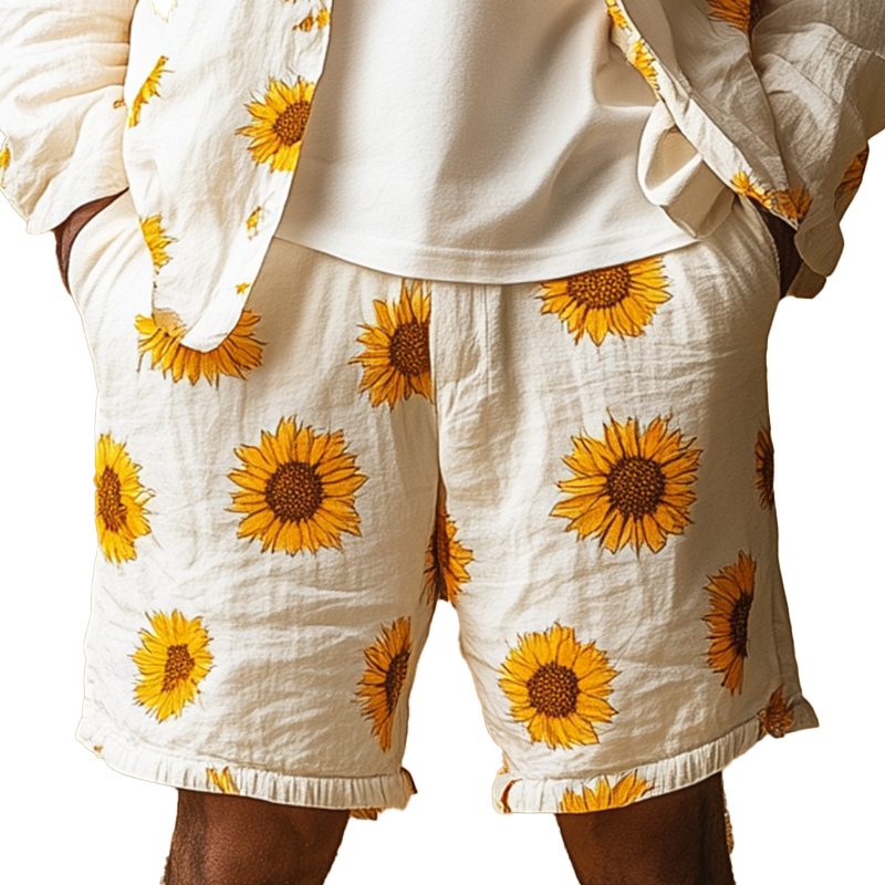 Herreshorts i bomull og lin med solsikketrykk, sommermote, MTA1792F9P