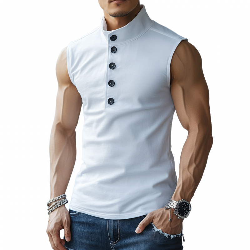 Men's Casual Soft Cotton Button Stand Collar Slim Fit Tank Top MTA2830D3M