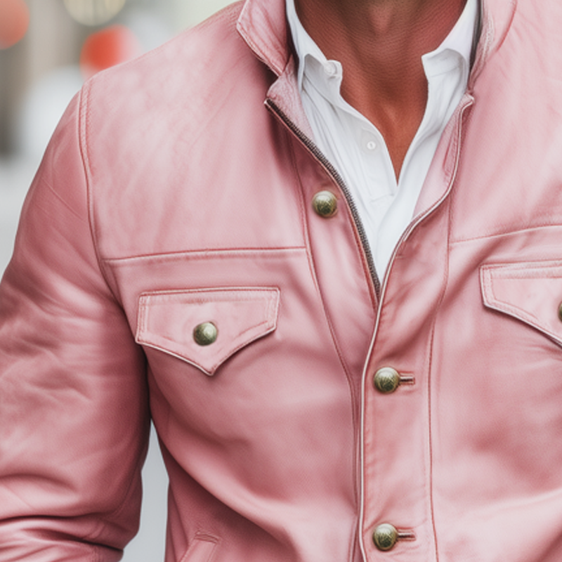 Men's Classic Stand Collar Pink PU Leather Jacket MTA0115I6U