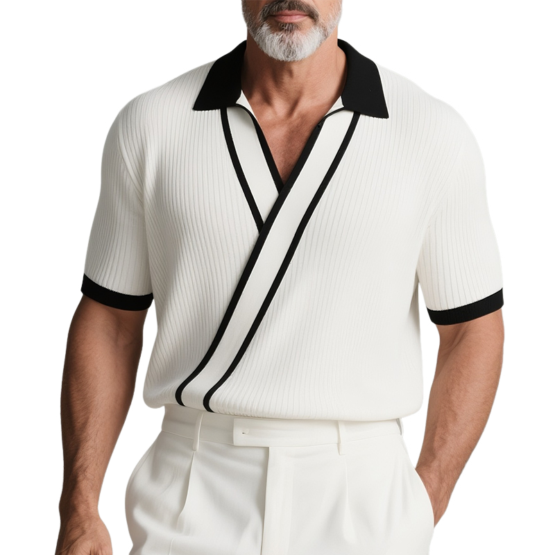 Men's Retro Casual Knitted Colorblock Lapel Short Sleeve Shirt MTA2778F8TO