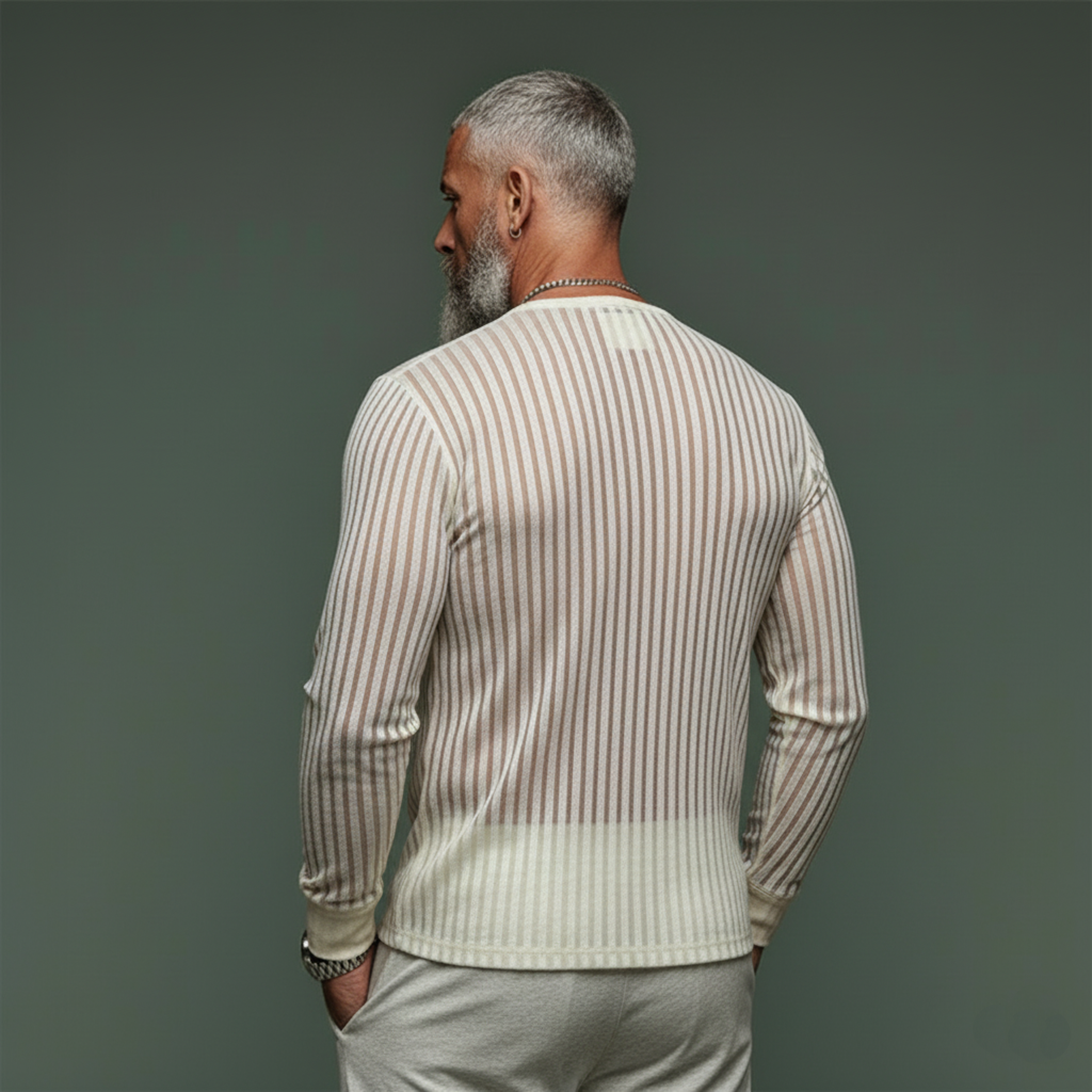 Men's Classic Casual Faux Velvet Striped Slightly Sheer Long-sleeved Shirt MTZ0541A2K