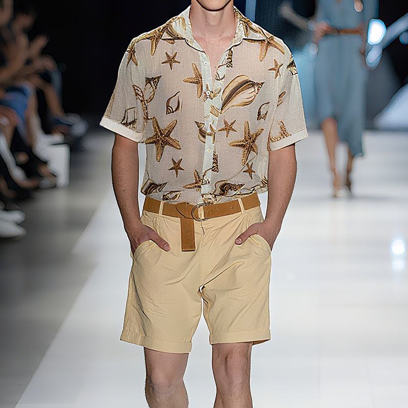 Men's Spring And Summer Fashion Casual Slightly Transparent Cool Chiffon Printed Short-sleeved Shirt MTA2452F7K