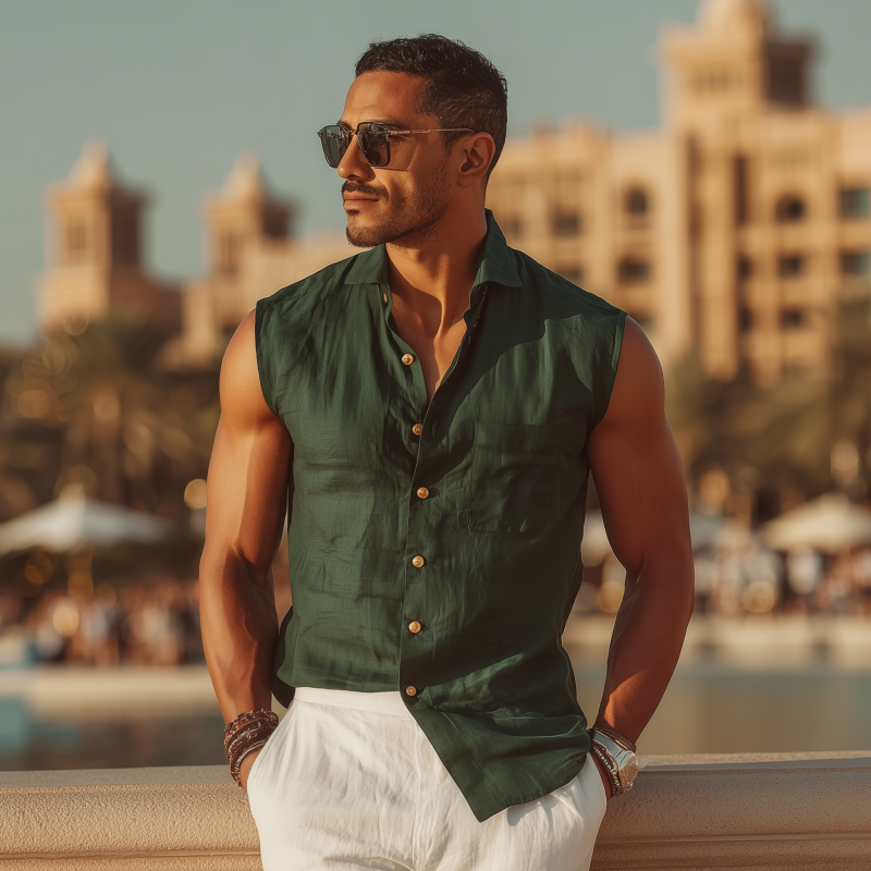 Men's Casual Solid Color Cotton Linen Lapel Patch Pocket Slim Fit Sleeveless Shirt MTA1489G8M