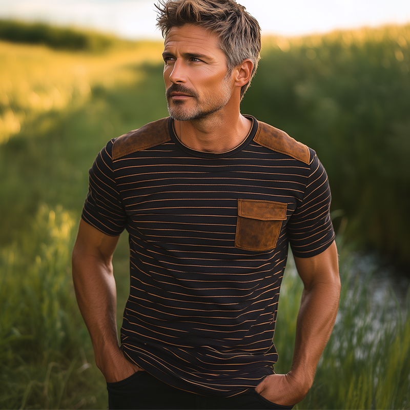 Men's Classic Striped PU Leather Crew Neck T-Shirt MTA2124F7U