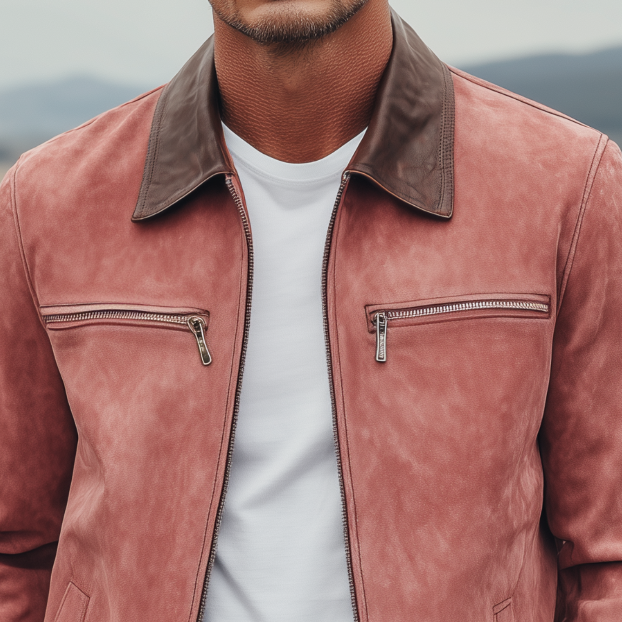 Men's Classic American Casual PU Leather Lapel Pink Suede Zipper Jacket MTA1870H9K