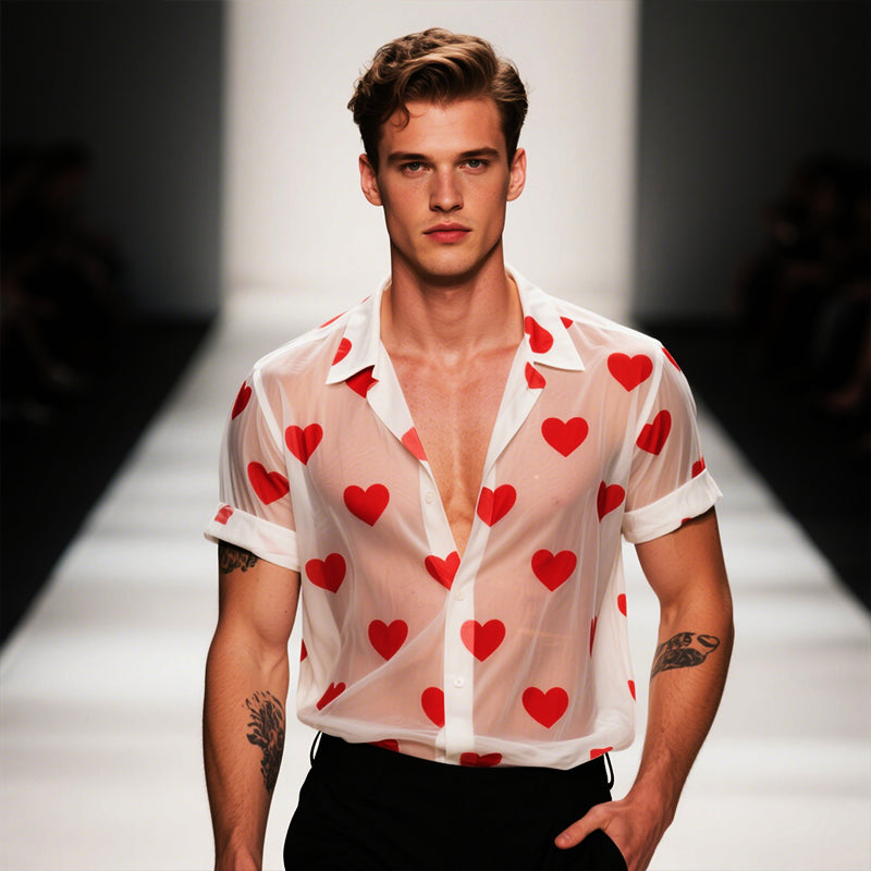 Men's Retro Casual Heart Printed Mesh Lapel Short Sleeve Shirt MTA2338E6TO