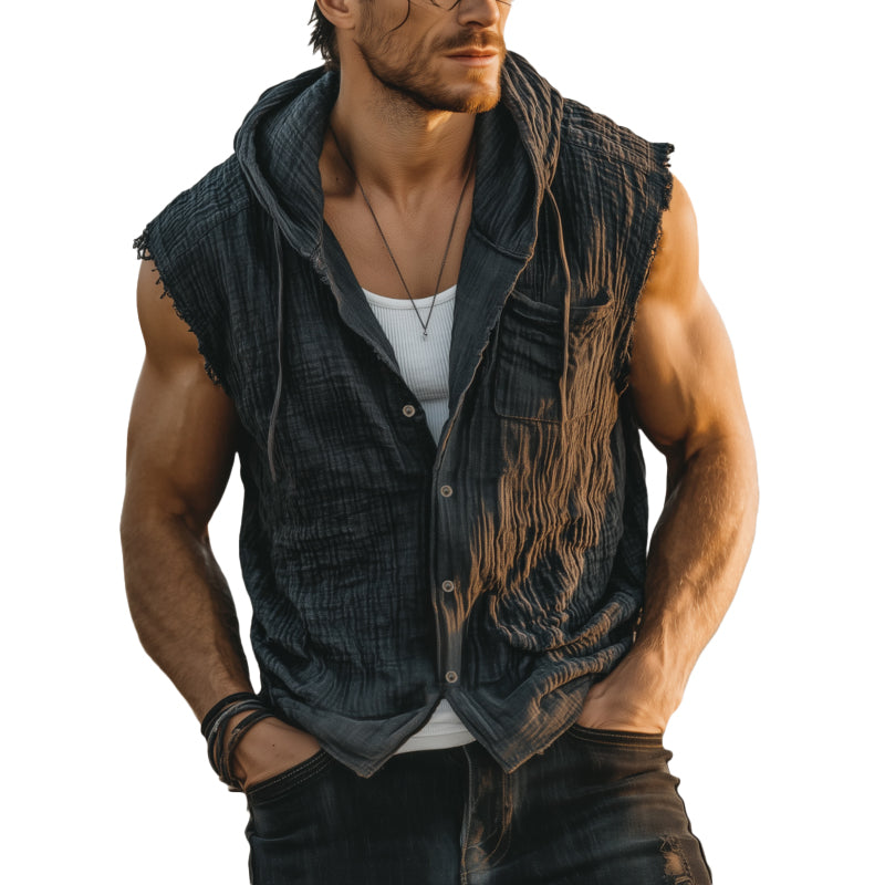 Men's Casual Wrinkled Cotton Washed Distressed Hooded Patch Pocket Loose Raw Edge Sleeveless Shirt MTA2338F9M