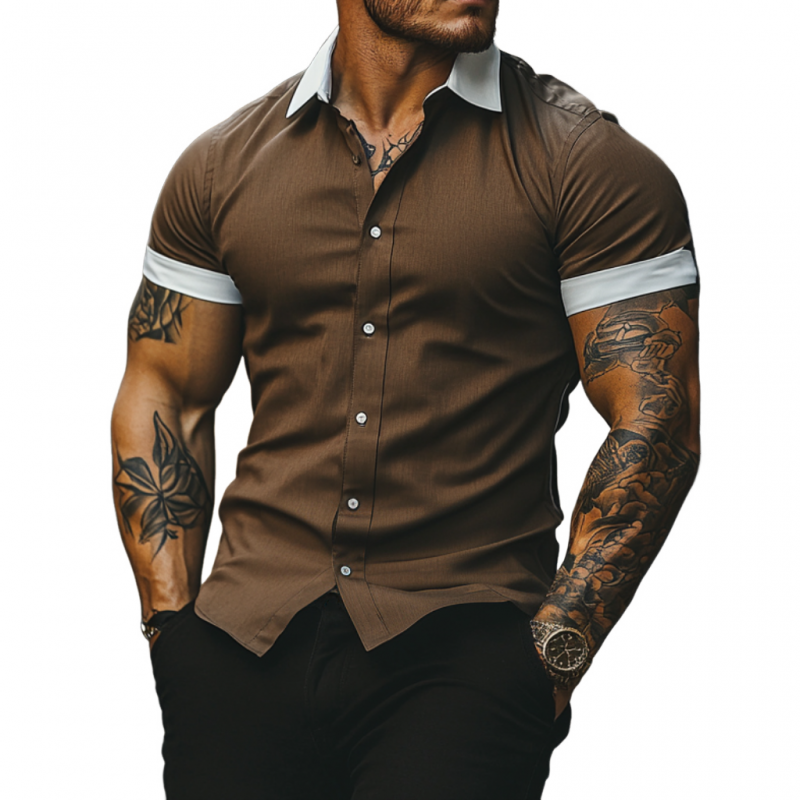 Men's Casual Breathable Linen Lapel Slim Fit Short Sleeve Shirt MTA2771E9M