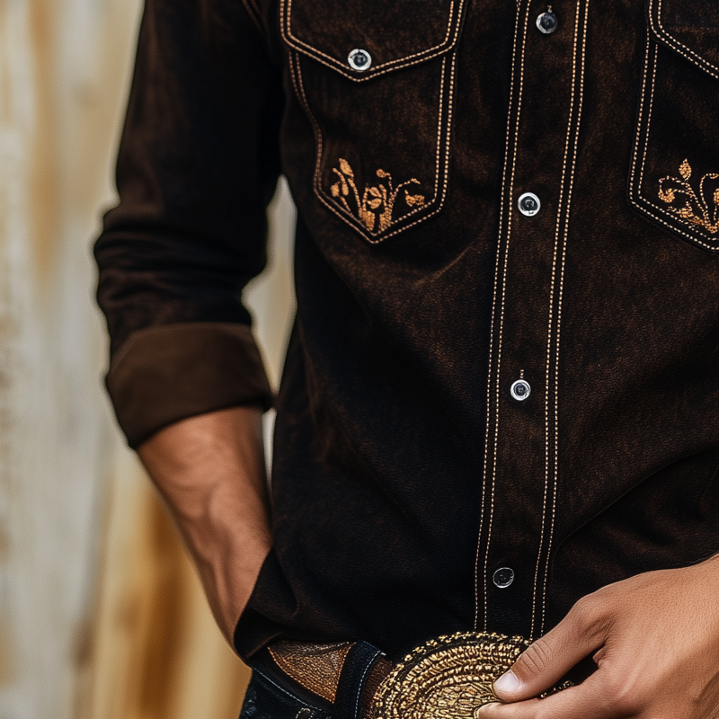 Men's Vintage Western Cowboy Suede Embroidered Long Sleeve Shirt MTA2075H1X