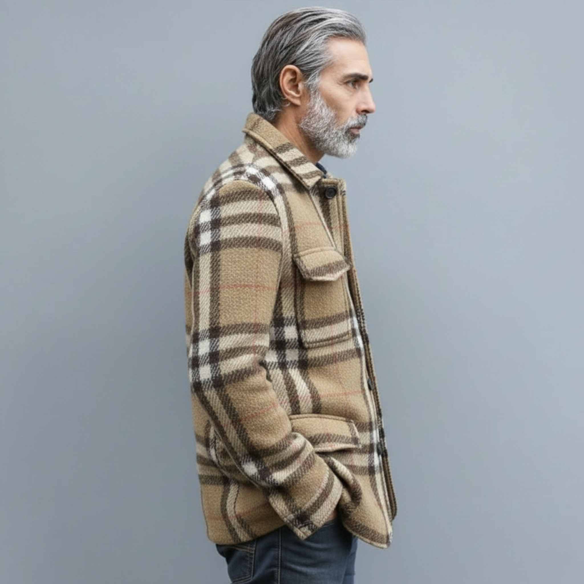 Men's Classic Light Business Lapel Single-breasted Faux Plaid Woolen Jacket With Multiple Pockets MTA3032I6K