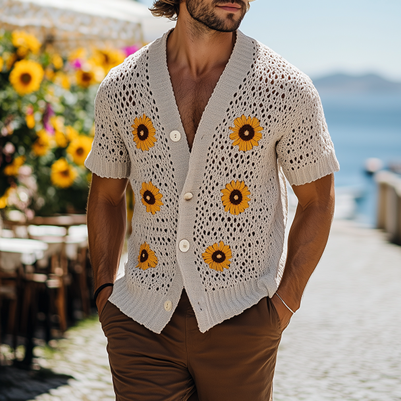 Men's Spring And Summer Fashion Casual Vacation Style Knitted Hollow Flower Short-sleeved Shirt MTA2187F8K