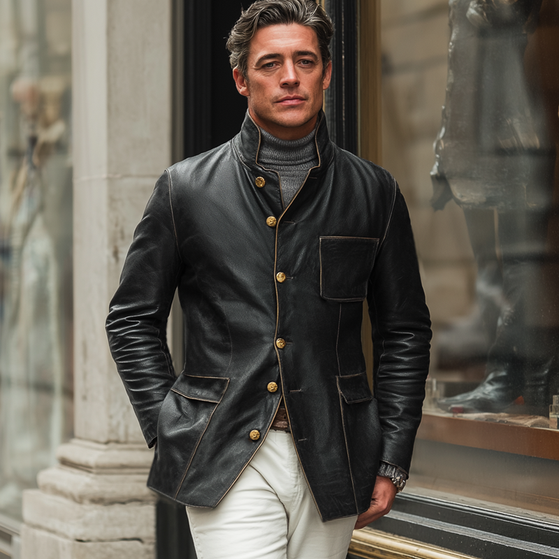 Men's Classic Slim-fit Stand-up Collar PU Leather Jacket MTA1366J1U