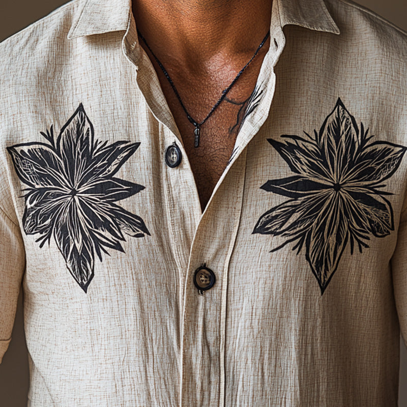 Men's Summer Retro Ethnic Style Monochrome Print Linen Short-Sleeved Shirt MTA2286E1P