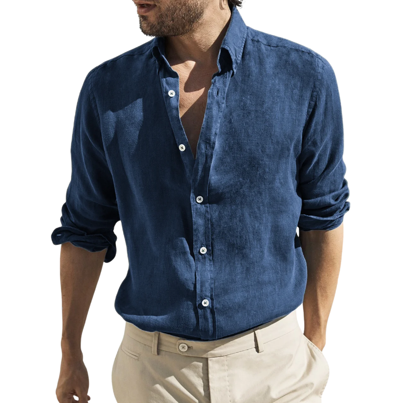 Men's Retro Casual Washed Cotton And Linen Lapel Long Sleeve Shirt MTA2824G0TO