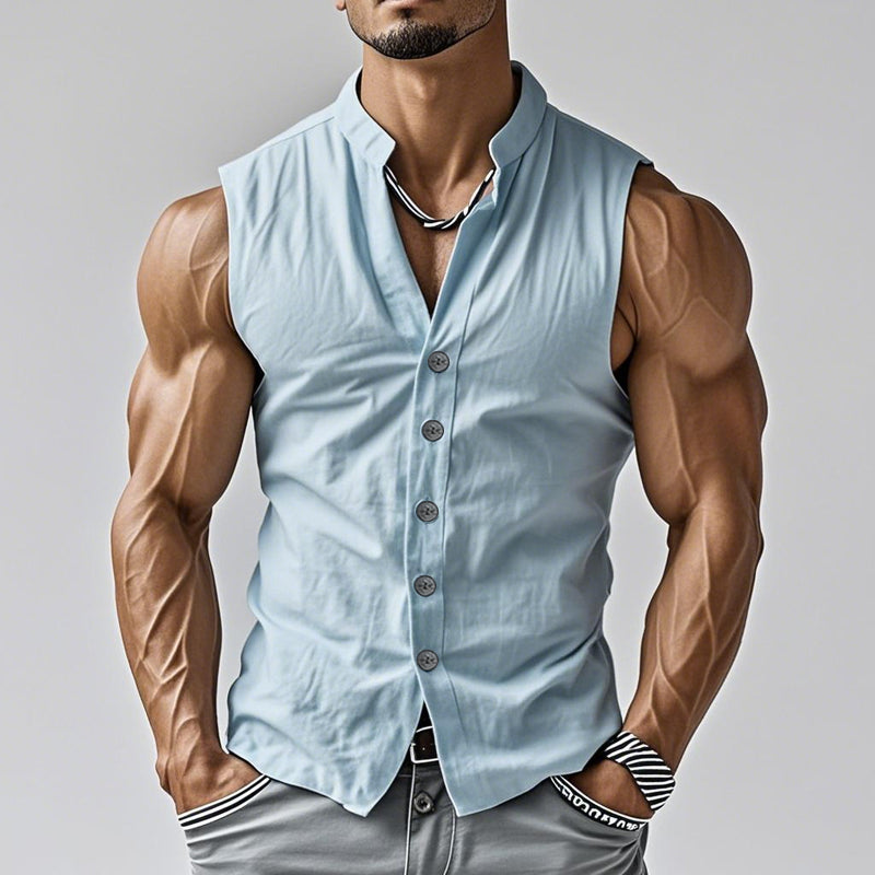 Men's Casual Comfort Cotton Stand Collar Single Breasted Sleeveless Shirt MTA0203D3M