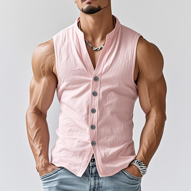 Men's Casual Comfort Cotton Stand Collar Single Breasted Sleeveless Shirt MTA0203D3M