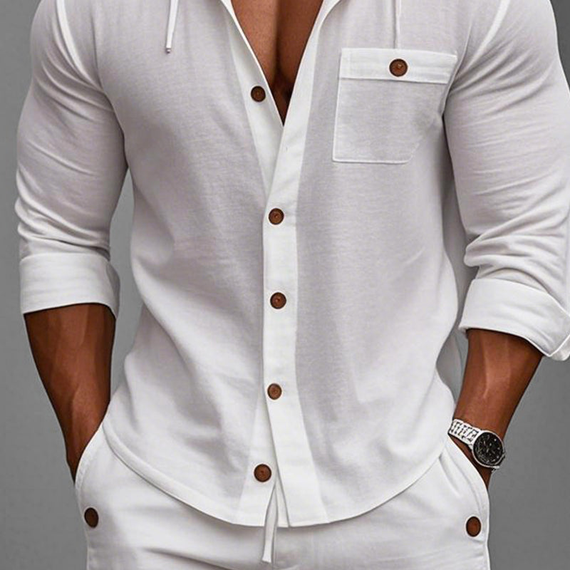 Men's Cotton and Linen Solid Color Long Sleeve Hoodie Shorts Two-piece Set MTA2990D5X