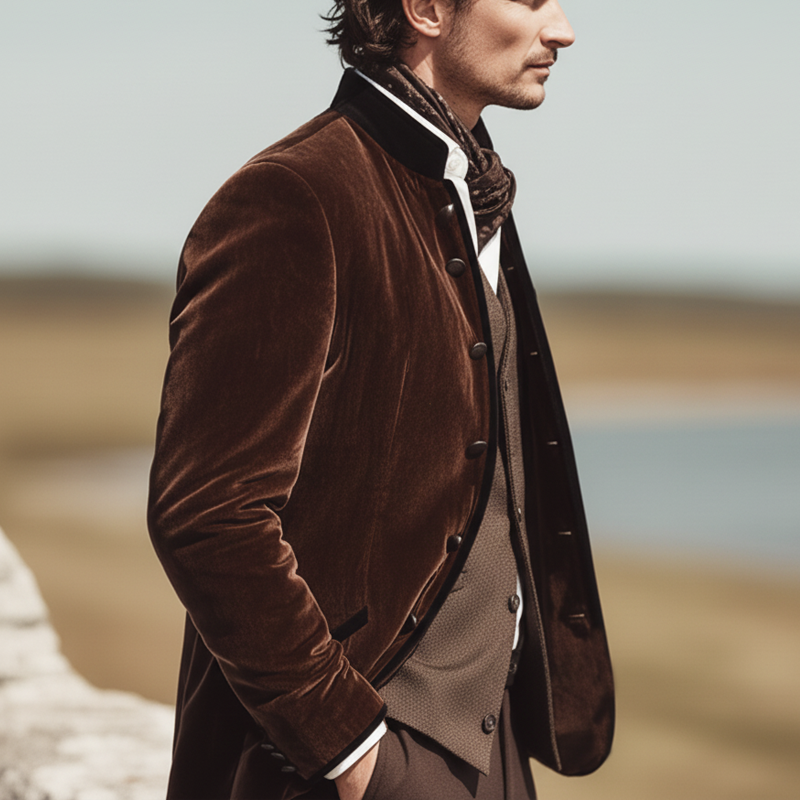 Men's Retro Velvet Stand Collar Double Slit Slim Fit Jacket MTA2279K8U