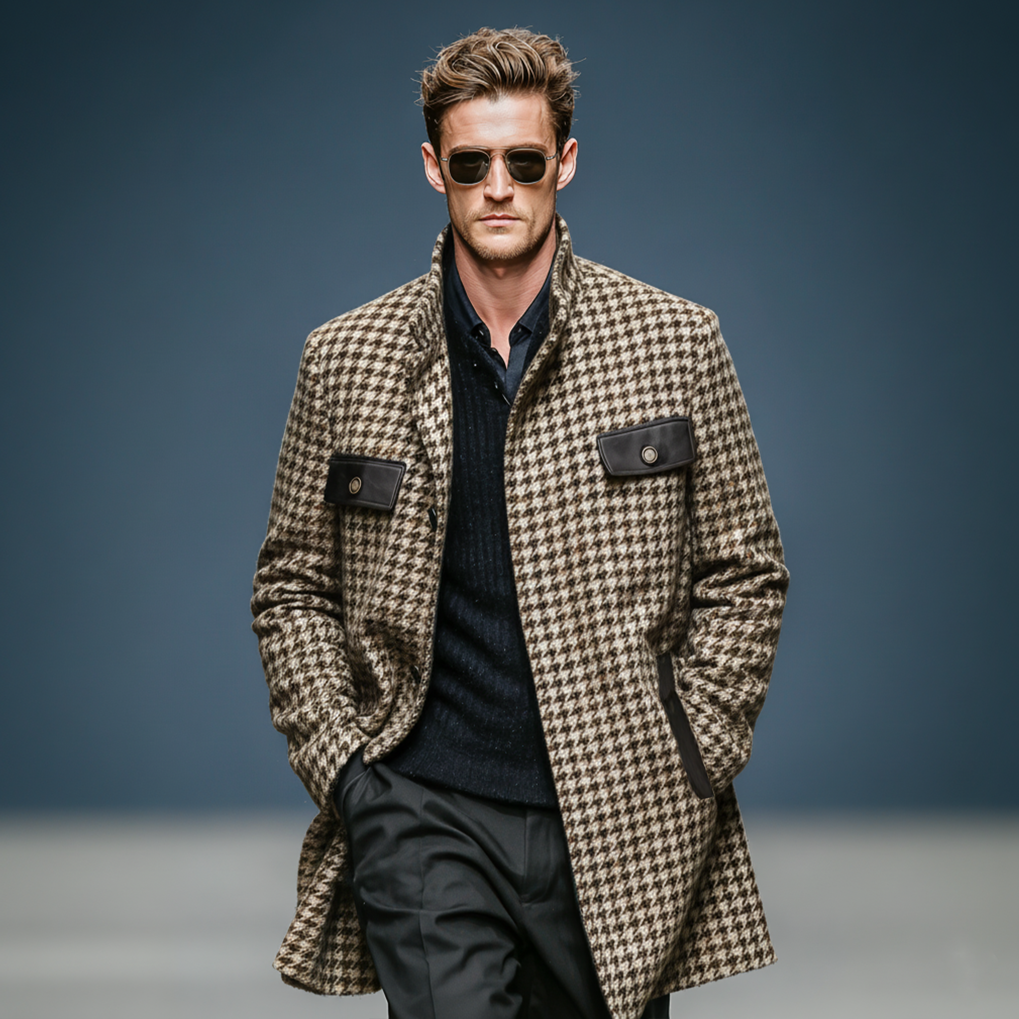 Men's Classic Retro Pocket Stitching PU Leather Stand Collar Faux Houndstooth Wool Coat MTA1199J8K