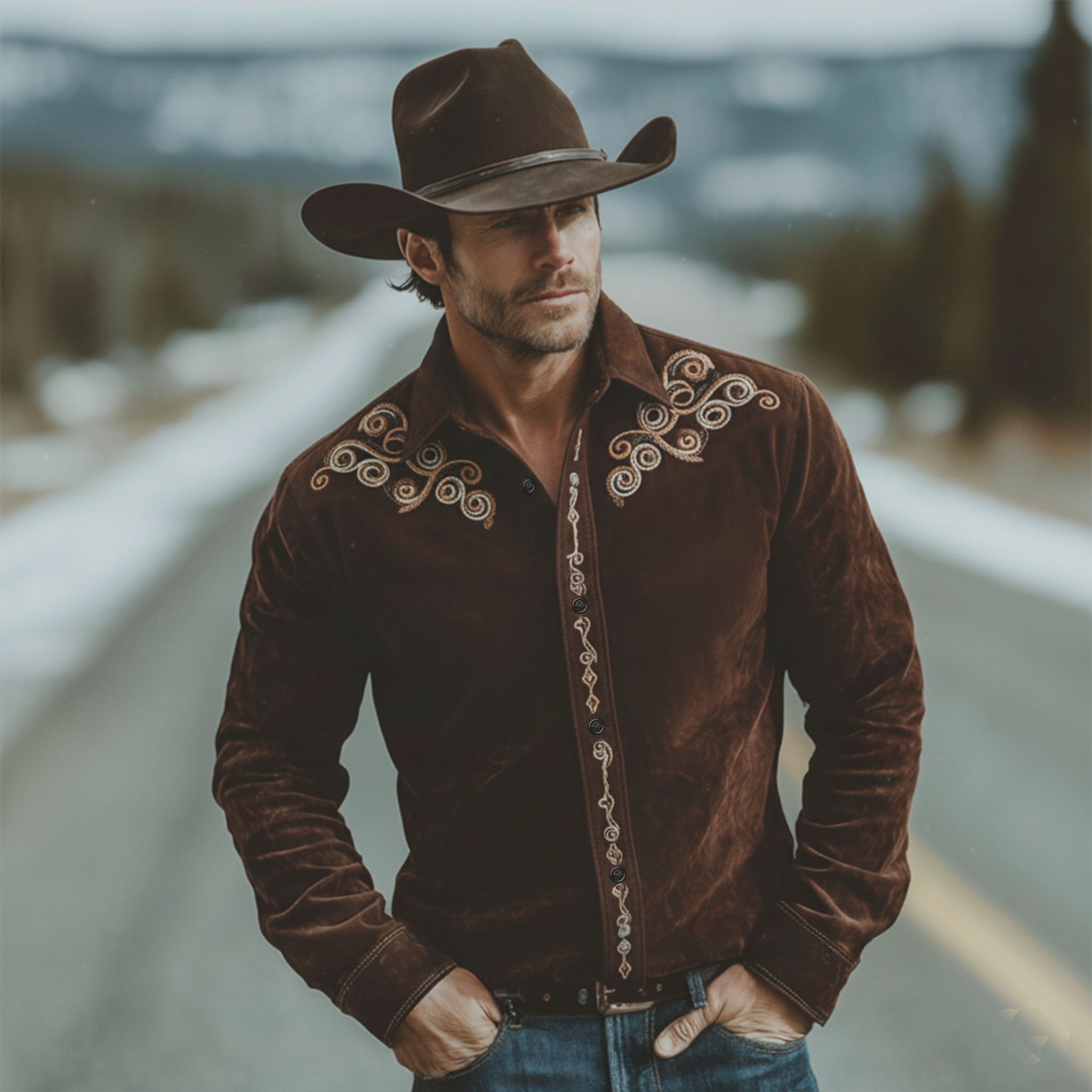 Men's Classic Retro Western Style Tough Guy Embroidered Faux Suede Long-sleeved Shirt MTA1761K6K