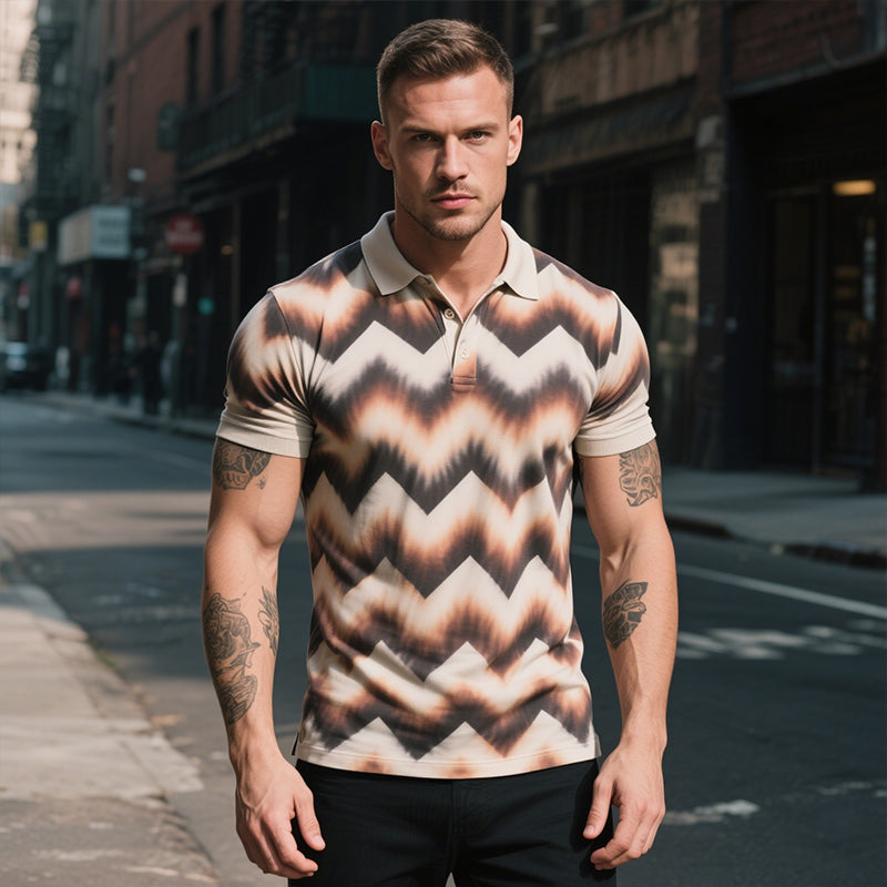 Men's Retro Casual Zigzag Gradient Print Short-Sleeved Polo Shirt MTA2039E3TO