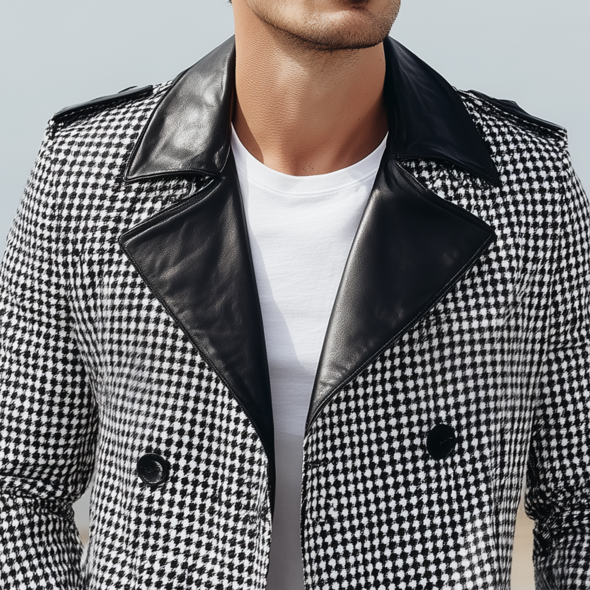 Men's Classic Casual Lapel PU Leather Double-breasted Houndstooth Fabric Jacket MTA0184I5K