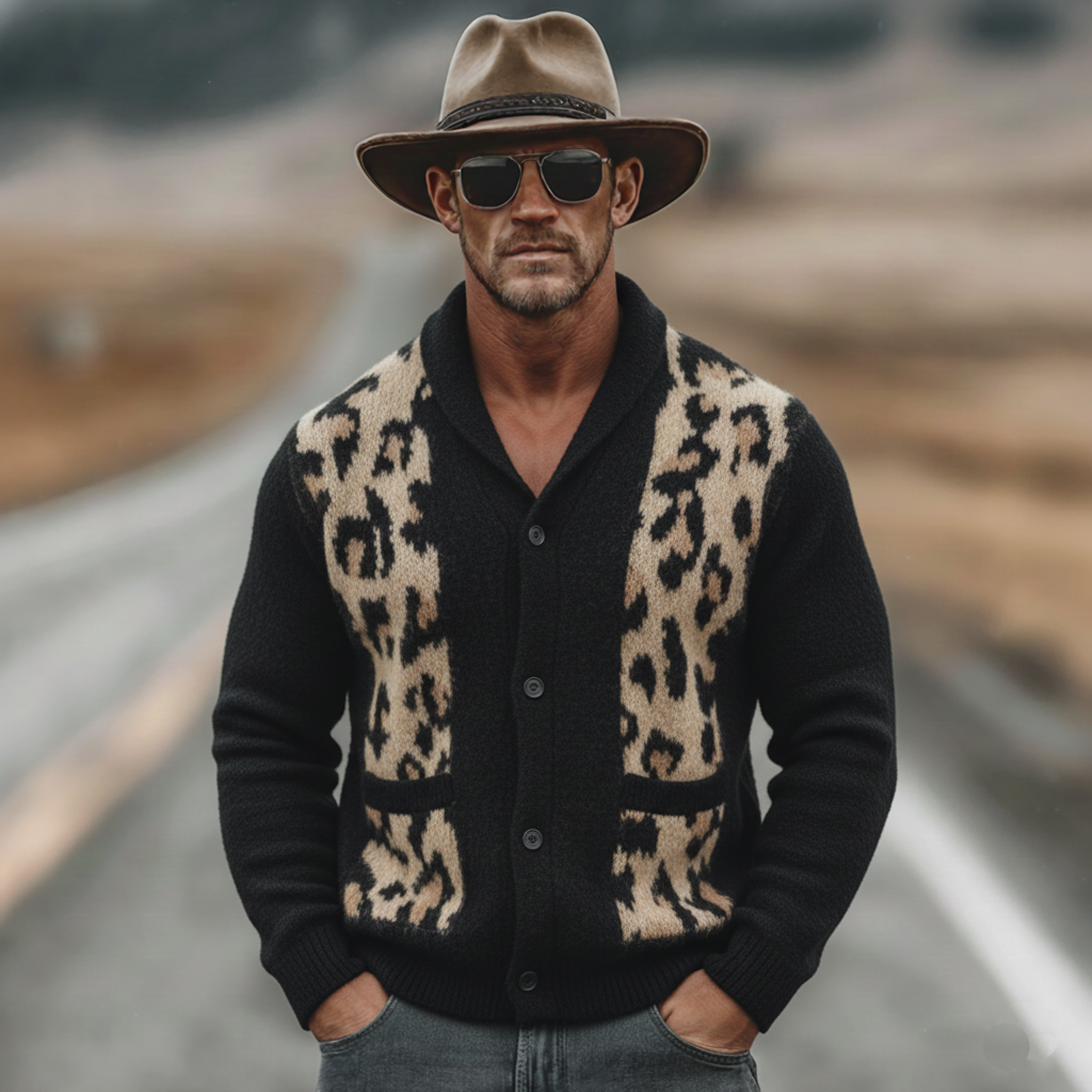 Men's Classic Vintage Stand-collar Leopard Print Knitted Cardigan MTA1186L8K