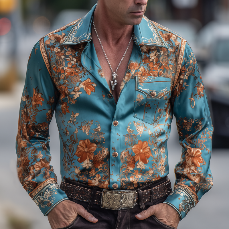 Men's Vintage Floral Print Satin Long Sleeve Shirt MTA2289H4U