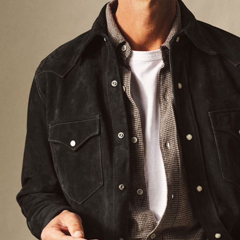 Men's Spring And Autumn Black Suede Long Sleeve Shirt MTA0640H2U