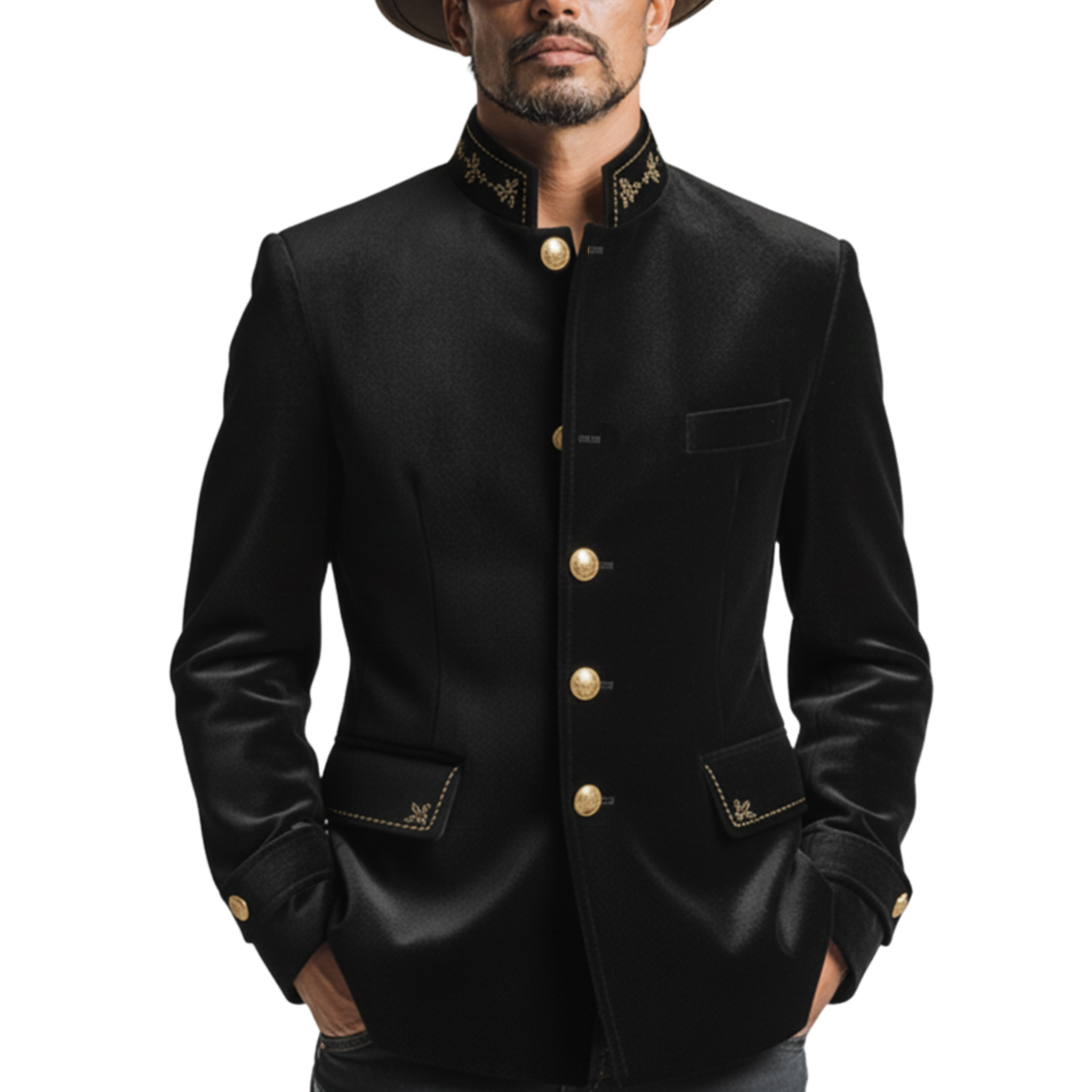 Men's Classic Retro Stand-collar Embroidered Faux Velvet Single-breasted Jacket MTA0559L2K