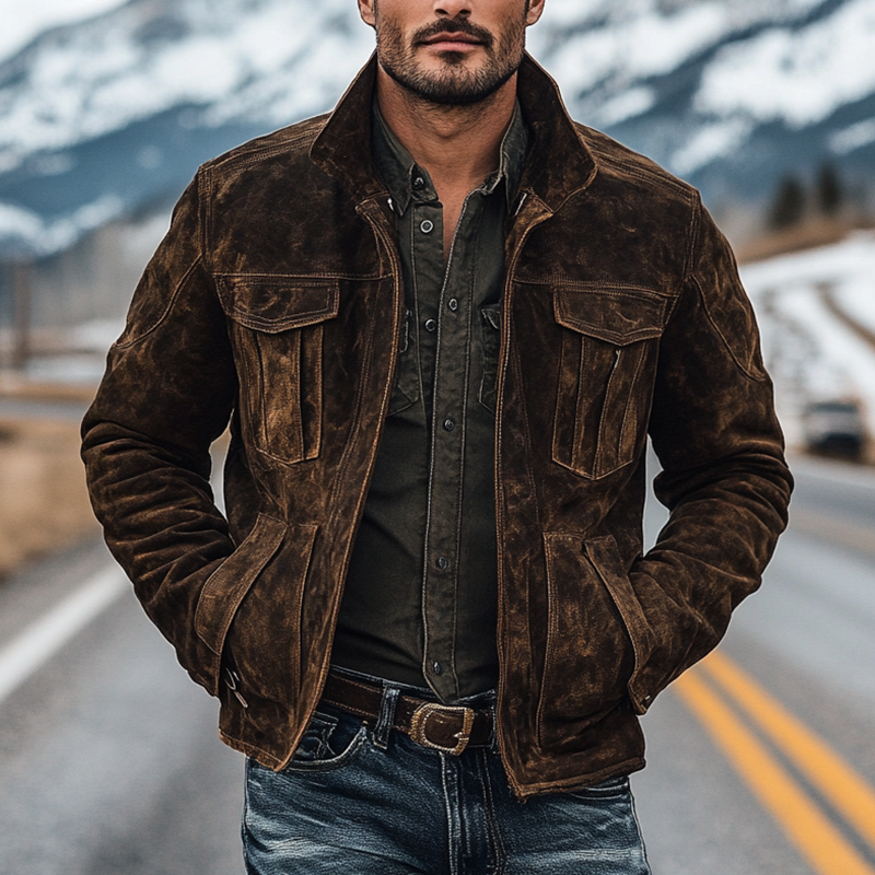 Men's Retro Faux Suede Collar Solid Color Button Jacket MTA0325K3X