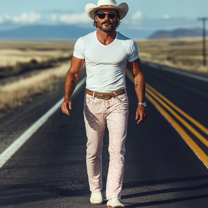 Men's Spring And Summer Fashion Retro Western Cowboy Style Washed Denim Pink Leopard Print Casual Pants MTA1363E7K