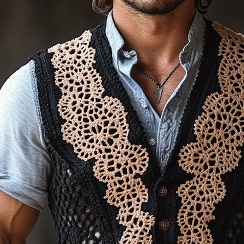 Men's Western Crochet Colorblock Single Breasted Vest MTA1330F4Y