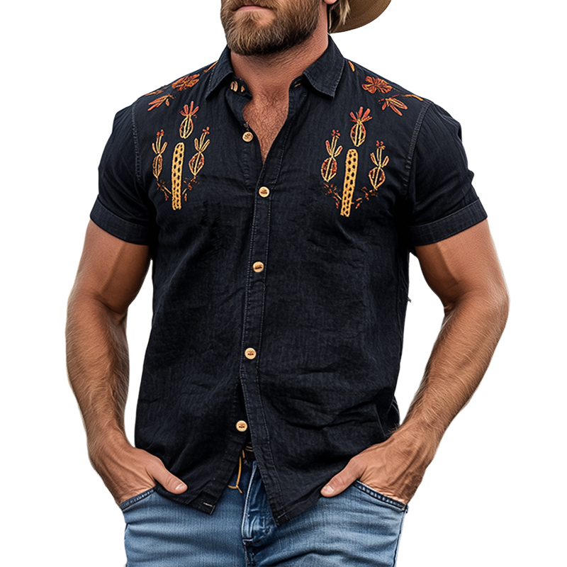 Men's Summer Casual American Retro Western Tough Style Black Washed Thin Denim Cactus Embroidered Slim Short-sleeved Pearl Snap Shirt MTA1040F3K
