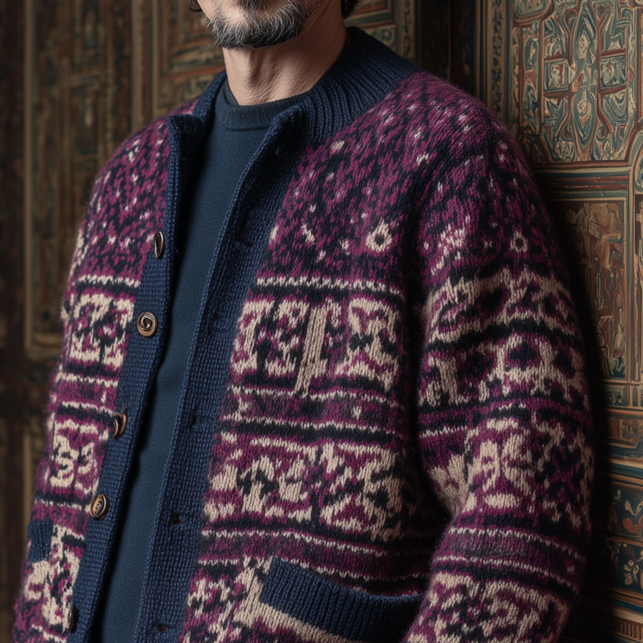 Men's Classic American Retro Stand Collar Contrast Jacquard Knit Cardigan MTA0400I4K