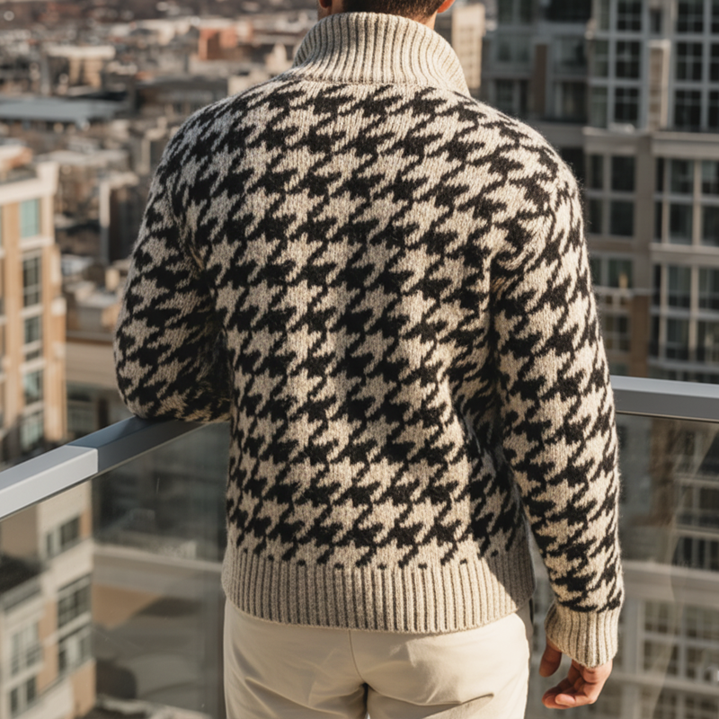 Men's Classic Houndstooth Stand Collar Quarter Zip Knit Sweater MTA1195J9U