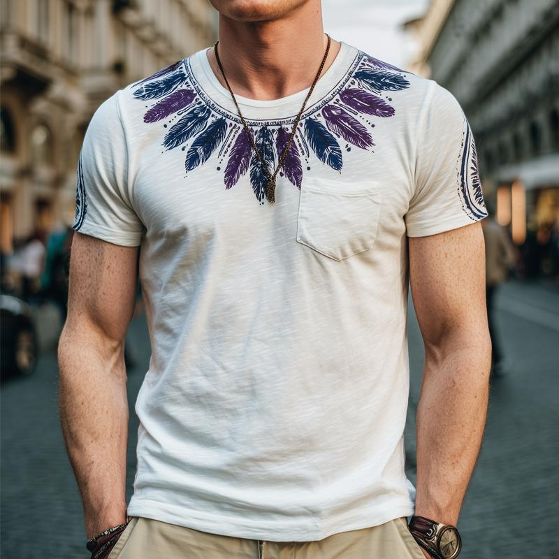 Men's Fashion Feather Print Slub Cotton Round Neck Short Sleeve T-Shirt MTA0996G1U