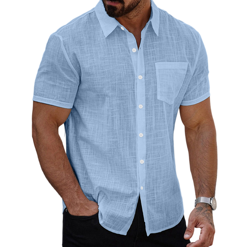 Men's Cotton And Linen Solid Color Lapel Short-sleeved Shirt MTA1439G3X