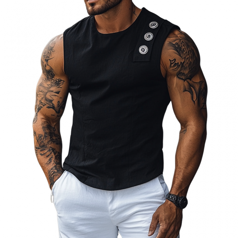 Men's Casual Breathable Cotton Round Neck Button Decoration Slim Fit Tank Top MTA2696E6M