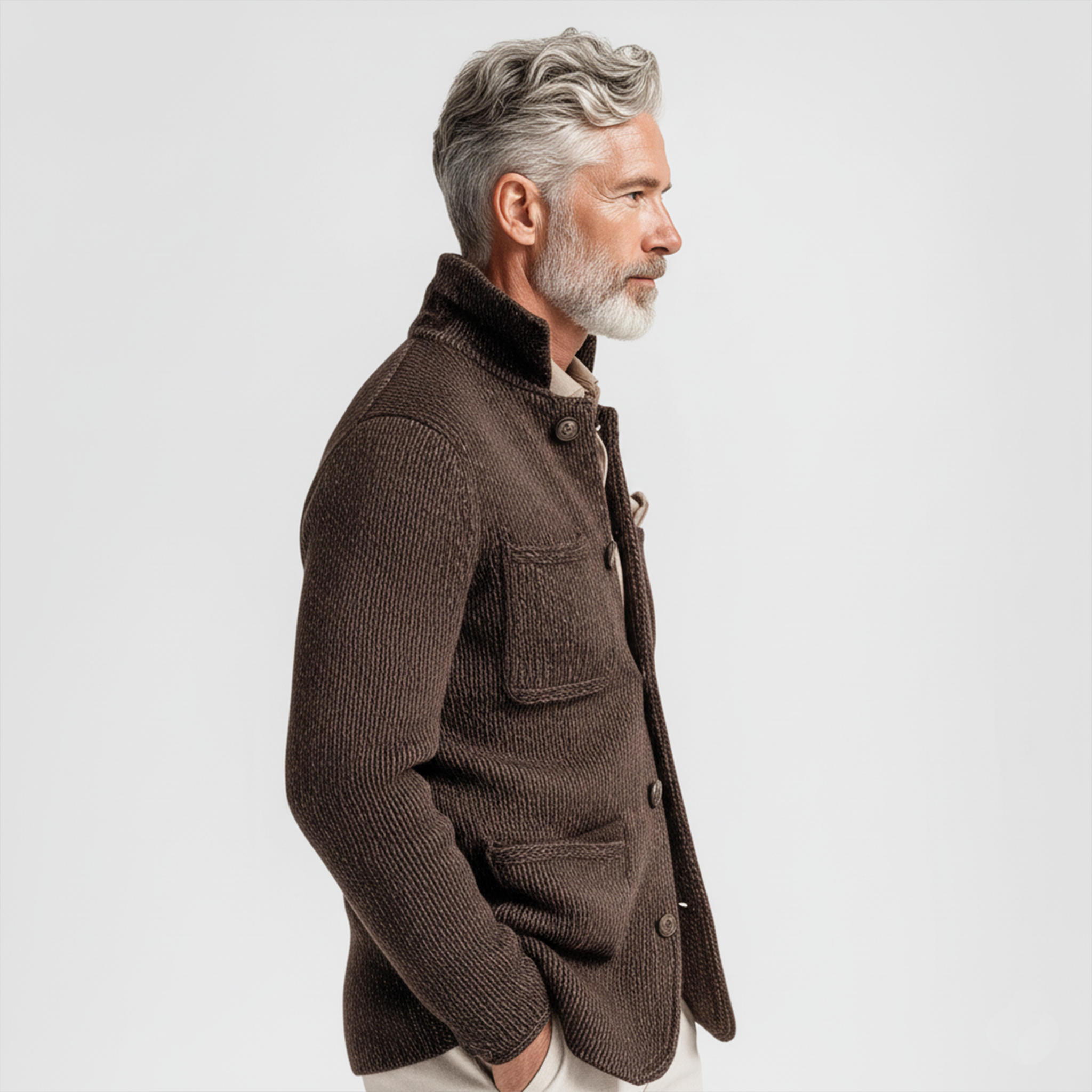 Men's Classic Casual Stand-up Collar Single-breasted Multi-pocket Knit Cardigan MTA3060J2K