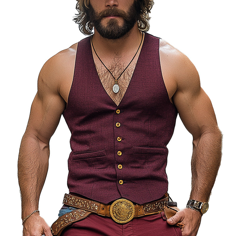 Men's Summer Western Cowboy Style Solid Color Linen Blend Vest MTA2944D4P