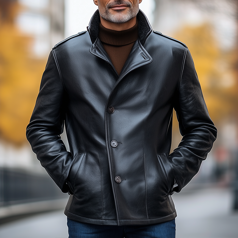 Men's Vintage Simple Stand-collar PU Faux Leather Button-up Jacket MTA1615L9P