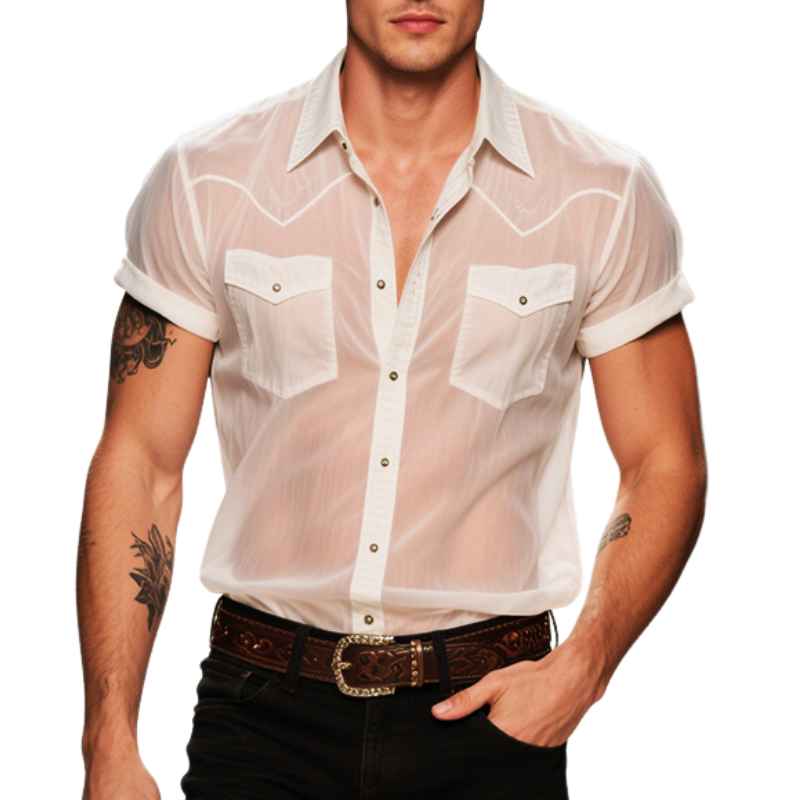 Men's Retro Casual Solid Color Cool Gauze Lapel Short Sleeve Shirt MTA2248E1TO