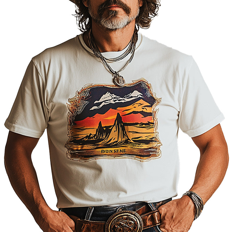 Men's Summer Western Cowboy Style Printed Cotton Blended Short Sleeve T-Shirt MTA2969D8P