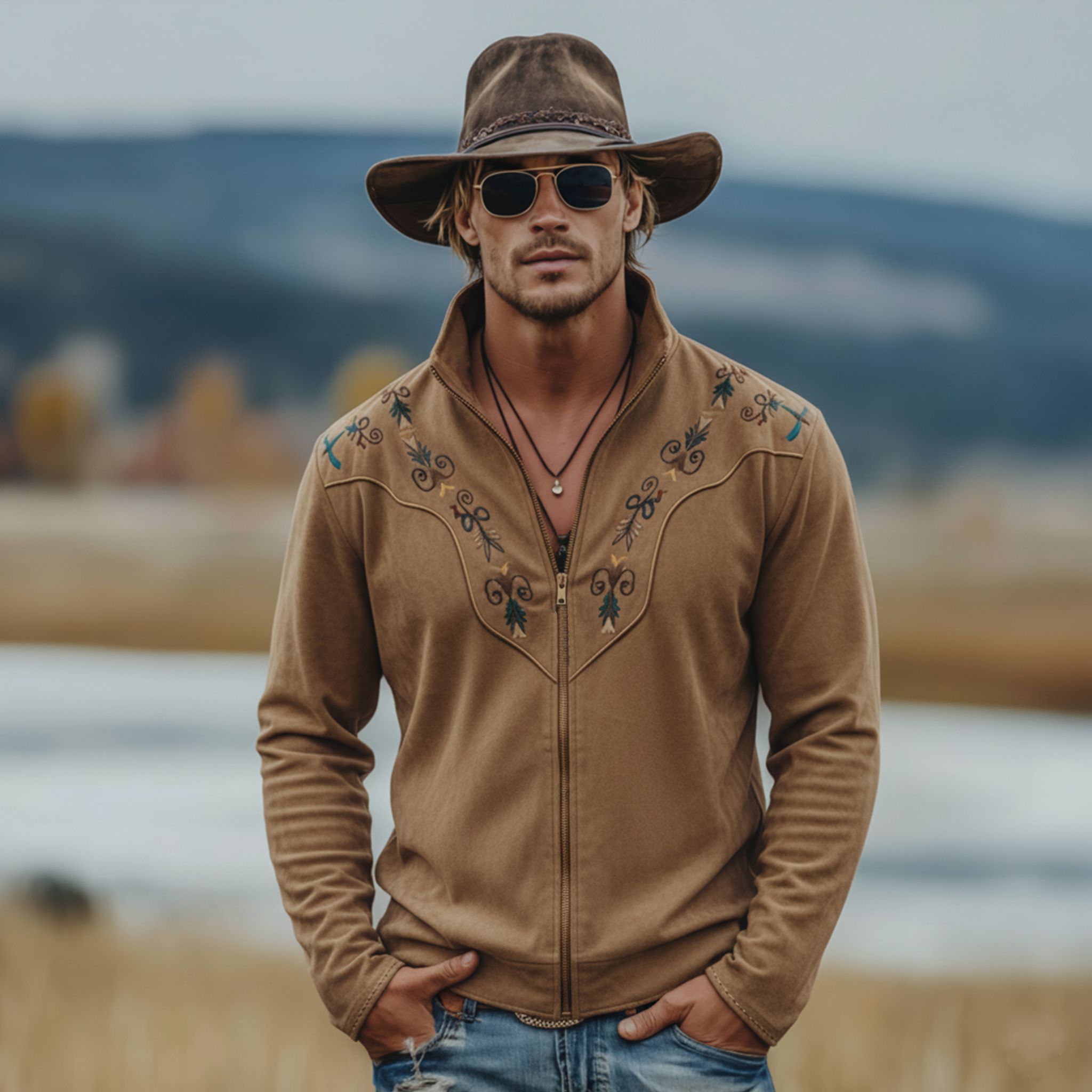 Men's Classic Retro Western-style Stand-up Collar Embroidered Faux Suede Zip-up Light Jacket MTA2719K3K