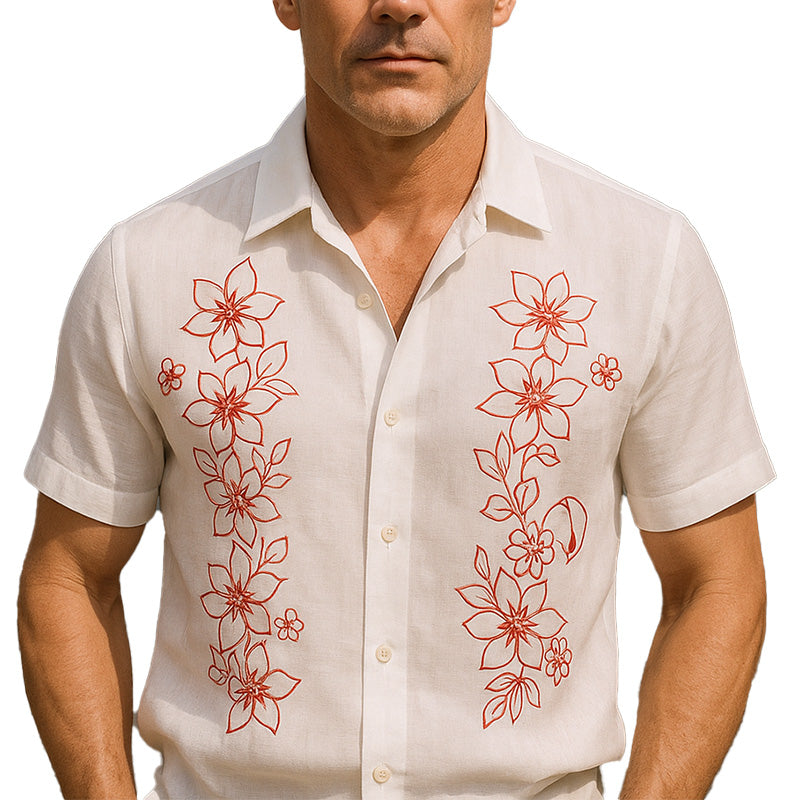 Men's Summer Comfortable Breathable Linen Embroidered Short Sleeve Shirt MTA2378E4P