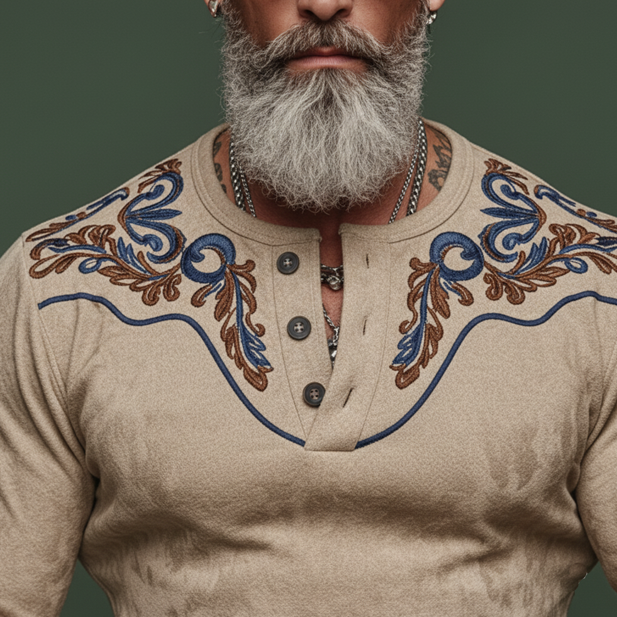 Men's Casual Western Rugged Style Henley Collar Embroidered Faux Suede Long-Sleeve T-Shirt MTA2770K2K