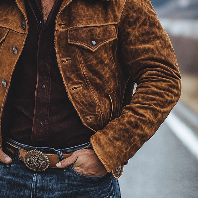 Men's Retro Western Cowboy Style Patchwork PU Collar Suede Jacket MTA0310K9X